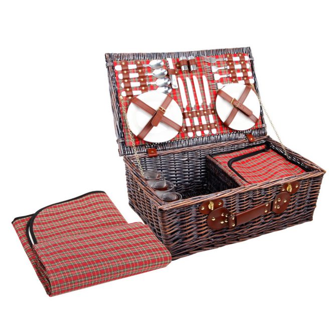 4 Person Picnic Basket Wicker Set Baskets Outdoor Insulated Blanket – Red