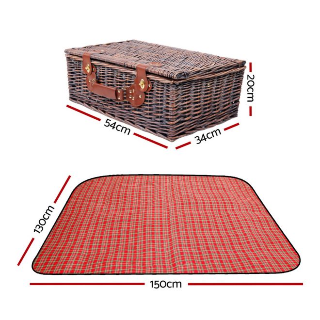 4 Person Picnic Basket Wicker Set Baskets Outdoor Insulated Blanket – Red