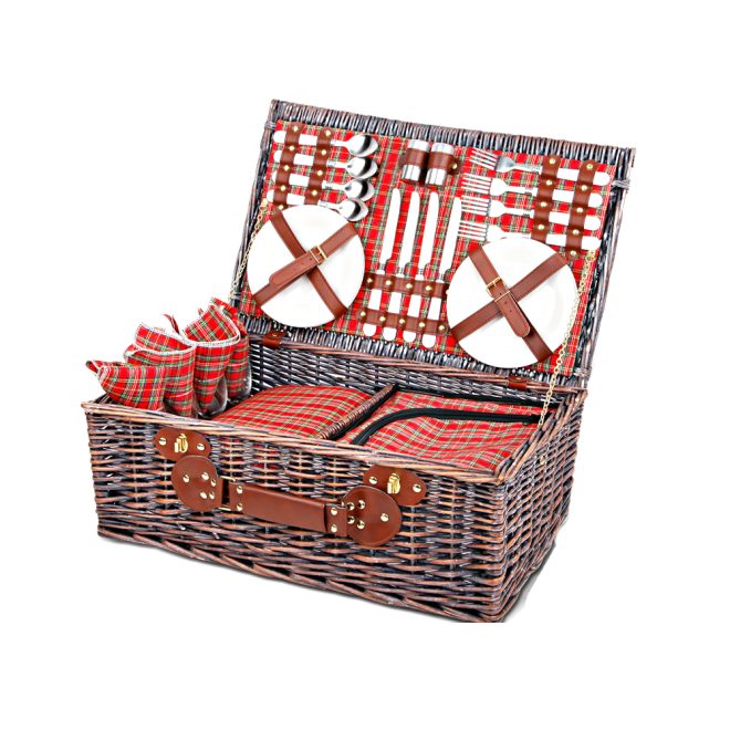 4 Person Picnic Basket Wicker Set Baskets Outdoor Insulated Blanket – Red