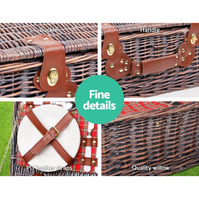 4 Person Picnic Basket Wicker Set Baskets Outdoor Insulated Blanket – Red