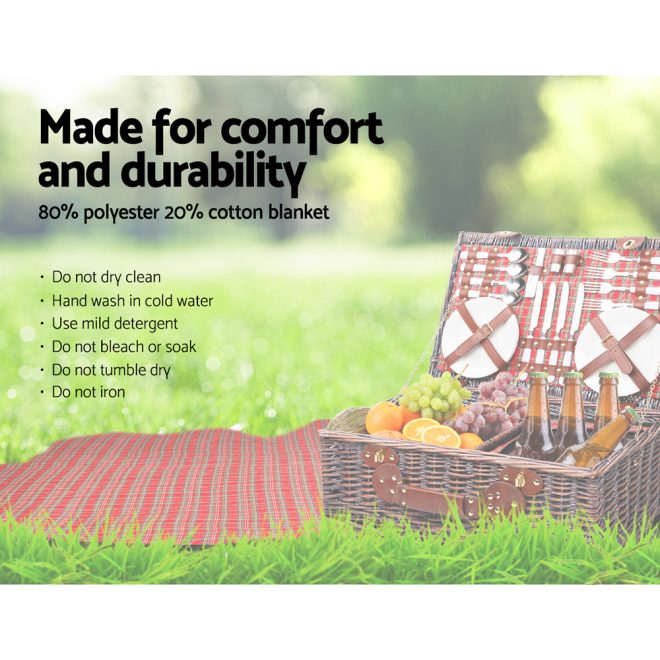 4 Person Picnic Basket Wicker Set Baskets Outdoor Insulated Blanket – Red