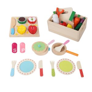 Kids Kitchen Play Set Wooden Pretend Toys Cooking Utensils Pots Pans Food