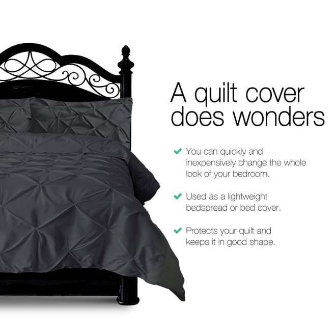 Bedding Quilt Cover Set Pinch Pleat Diamond Duvet Doona Case – KING, Black