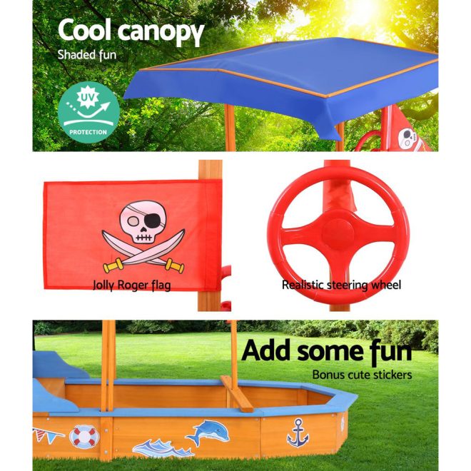 Kids Sandpit Wooden Boat Sand Pit with Canopy Bench Seat Beach Toys 150cm