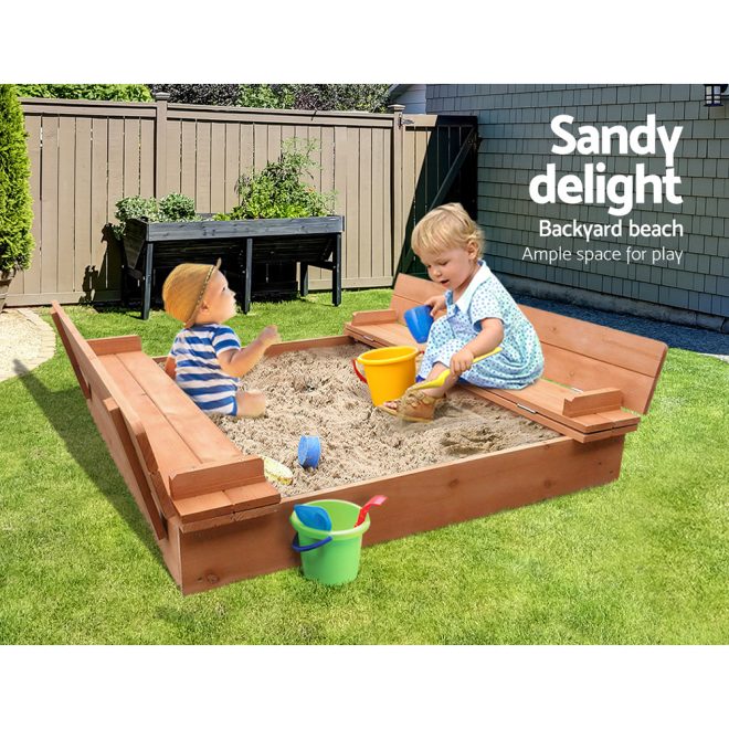 Kids Sandpit Wooden Sandbox Sand Pit Foldable Seat Outdoor Beach Toys 90cm