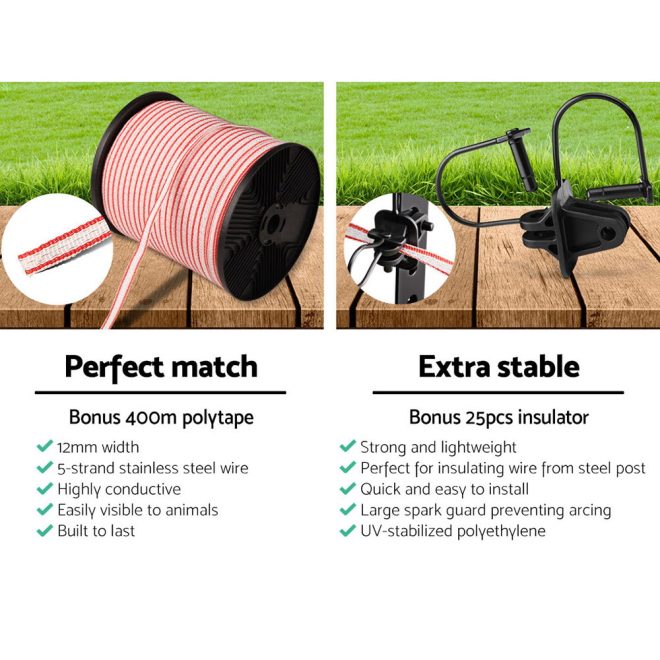 Solar Electric Fence Energiser Charger with Tape and 25pcs Insulators – 400M-3KM