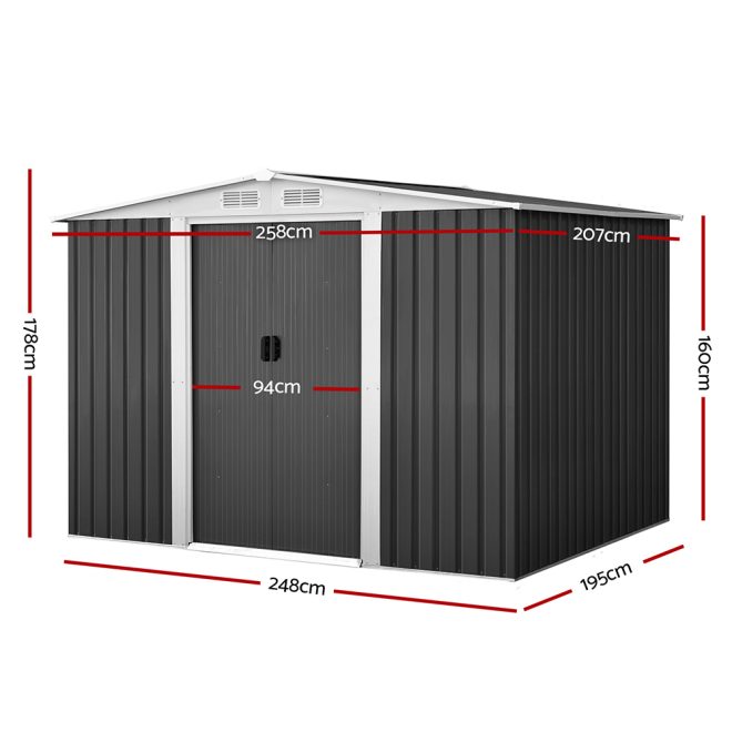 Garden Shed Outdoor Storage Sheds Workshop Metal Base Grey – 2.58×2.07×1.78 m, With base