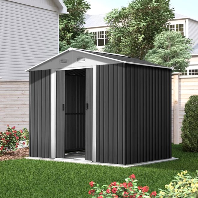 Garden Shed Outdoor Storage Sheds Workshop Metal Base Grey – 2.58×2.07×1.78 m, With base