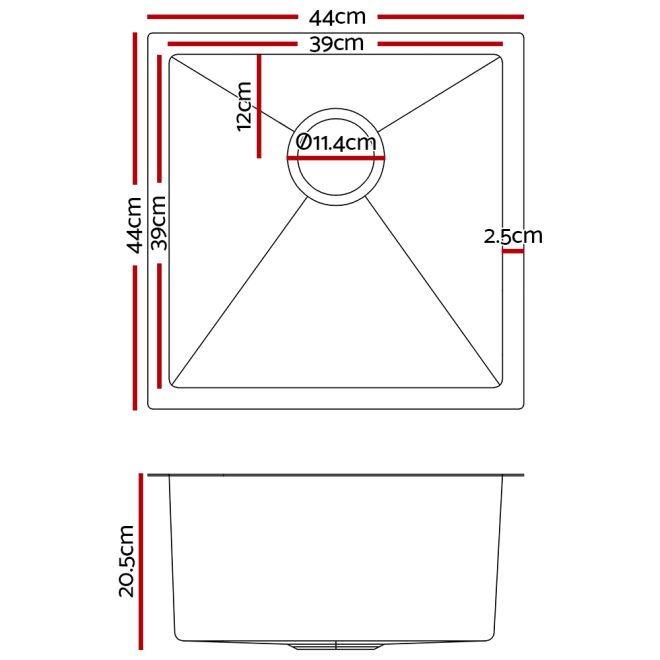 Stainless Steel Kitchen Sink Under/Top/Flush Mount Black – 44x44x20.5 cm