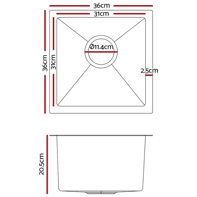 Kitchen Sink 36X36CM Stainless Steel Nano Basin Single Bowl Silver