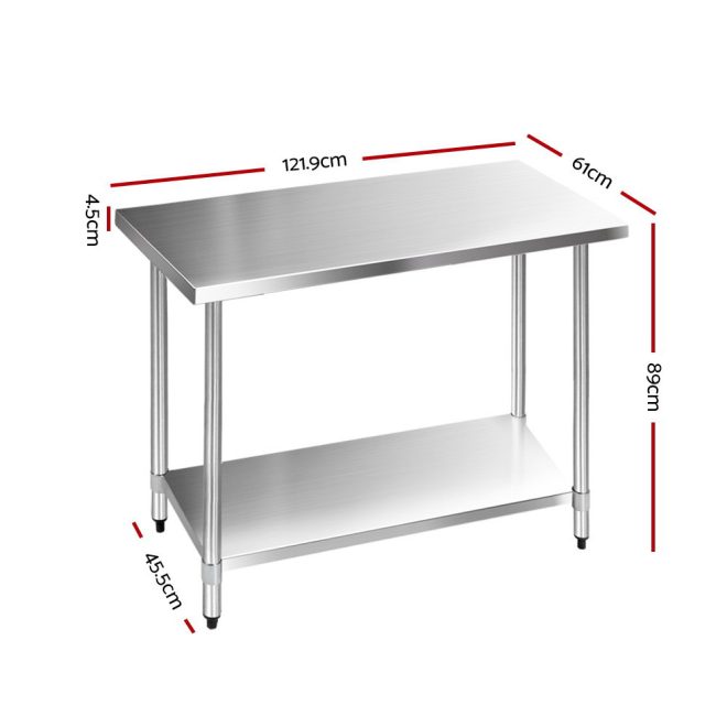 Commercial Stainless Steel Kitchen Bench – 121x61x89 cm, Without wheel