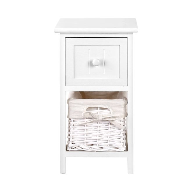 Bedside Table 1 Drawer with Basket Rustic White X2