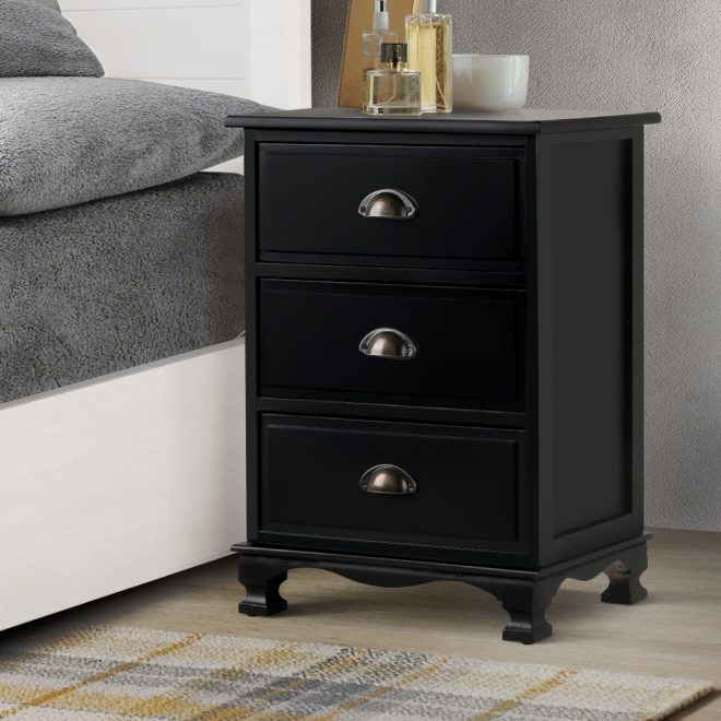 Dearne Vintage Bedside Table Chest Storage Cabinet Nightstand – Black