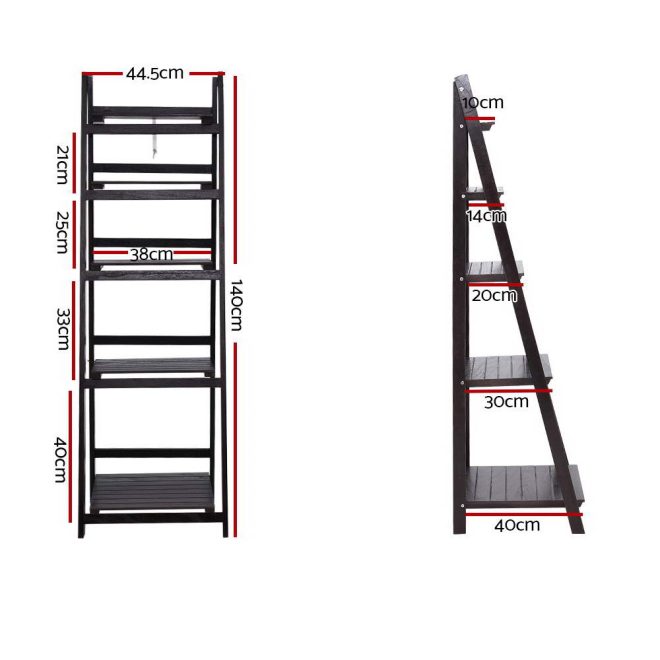 Display Shelf 5 Tier Wooden Ladder Stand Storage Book Shelves Rack – Coffee