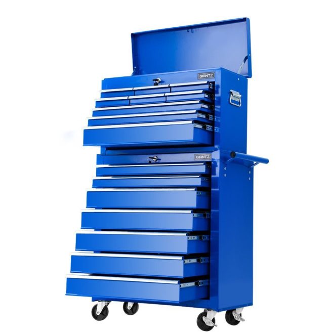 Tool Chest and Trolley Box Cabinet 16 Drawers Cart Garage Storage – Blue