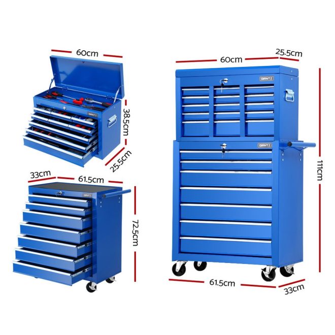 Tool Chest and Trolley Box Cabinet 16 Drawers Cart Garage Storage – Blue