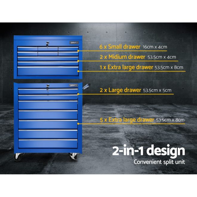 Tool Chest and Trolley Box Cabinet 16 Drawers Cart Garage Storage – Blue