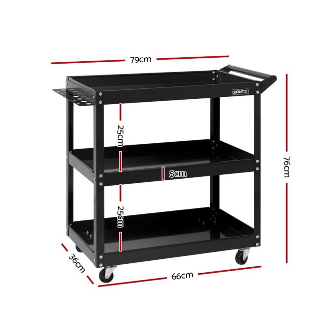 Tool Cart 3 Tier Parts Steel Trolley Mechanic Storage Organizer – Black