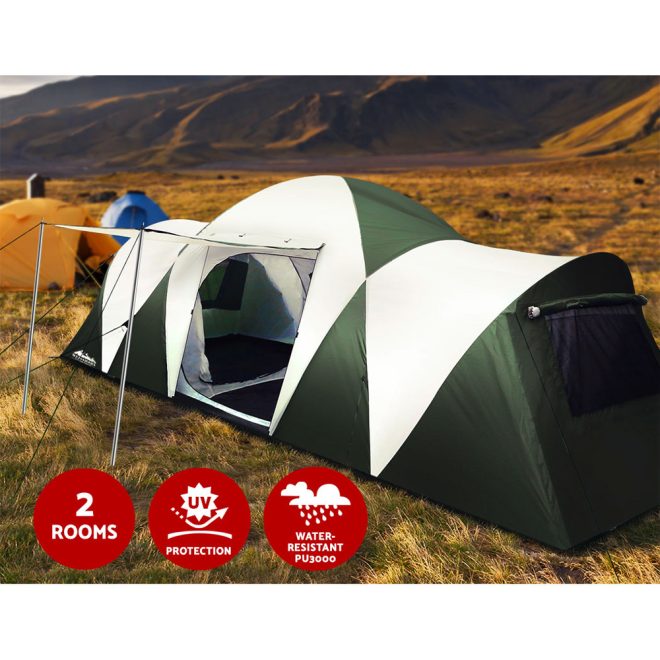 Family Camping Tent 12 Person Hiking Beach Tents (3 Rooms) Green