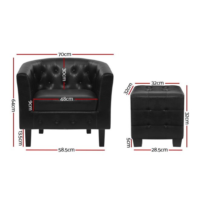 Armchair Set with Ottoman Black Ava