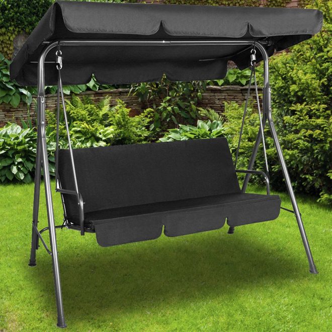 Milano Outdoor Swing Bench Seat Chair Canopy Furniture 3 Seater Garden Hammock – Black