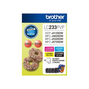 Brother LC233 Photo Value Pack – 1x Black 1x Cyan 1x Magenta 1XYellow + 40 Sheets Photo Paper