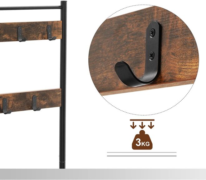 Rustic Brown Coat Rack Stand with Hallway Shoe Rack and Bench with Shelves Matte Metal Frame Height 175 cm