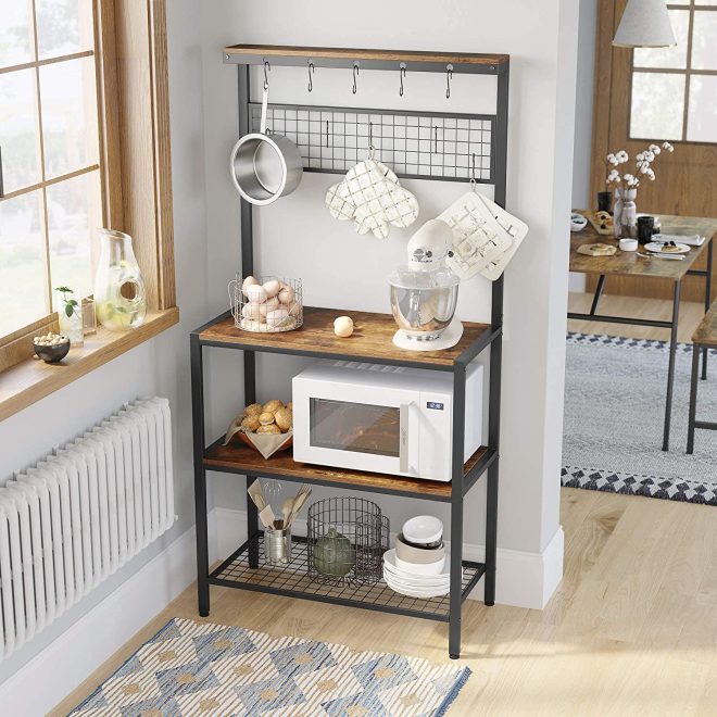 Industrial Kitchen Baker’s Rack with Storage Shelves 10 Hooks and Metal Mesh Shelf 84 x 40 x 170 cm Rustic Brown