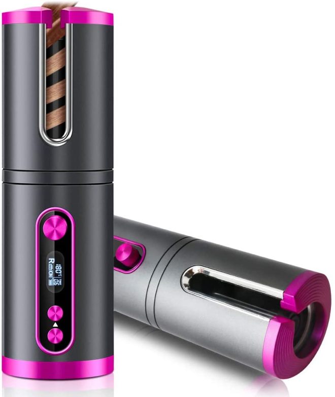 Portable Wireless Automatic Hair Curler for Travel with LED Temperature Display, Timer and USB Rechargeable – Pink