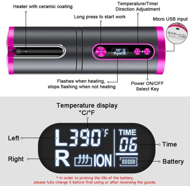 Portable Wireless Automatic Hair Curler for Travel with LED Temperature Display, Timer and USB Rechargeable – Pink