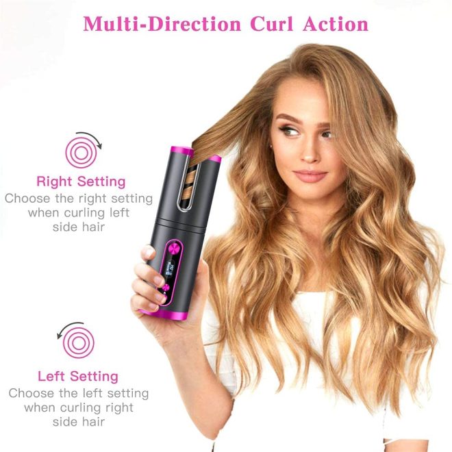 Portable Wireless Automatic Hair Curler for Travel with LED Temperature Display, Timer and USB Rechargeable – Pink