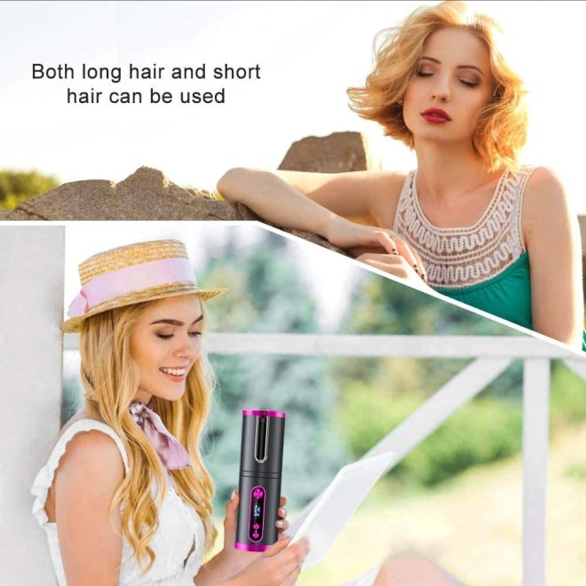 Portable Wireless Automatic Hair Curler for Travel with LED Temperature Display, Timer and USB Rechargeable – Pink