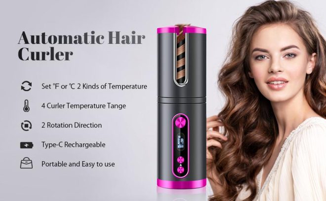 Portable Wireless Automatic Hair Curler for Travel with LED Temperature Display, Timer and USB Rechargeable – Pink