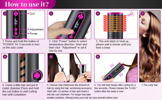 Portable Wireless Automatic Hair Curler for Travel with LED Temperature Display, Timer and USB Rechargeable – Pink