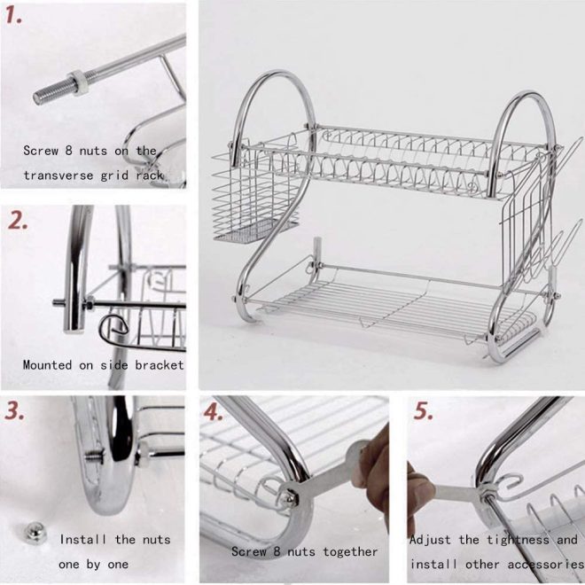 2 Tier Dish Rack with Drain Board for Kitchen Counter and Plated Chrome Dish Dryer Silver 42 x 25,5 x 38 cm