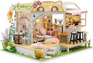 Dollhouse Miniature with Furniture Kit Plus Dust Proof and Music Movement – Cat Coffee (Valentine’s Day Gift Idea)