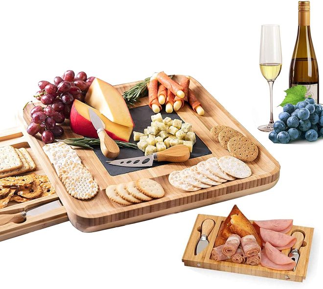 Bamboo Cheese Board Set with Knife Set with 4 Stainless Steel Knife & Thick Wooden tray for Wine Crackers, Brie and Meat