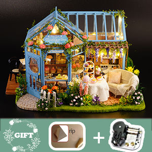 Dollhouse Miniature with Furniture Kit Plus Dust Proof and Music Movement – Rosa Garden Tea