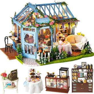 Dollhouse Miniature with Furniture Kit Plus Dust Proof and Music Movement – Rosa Garden Tea