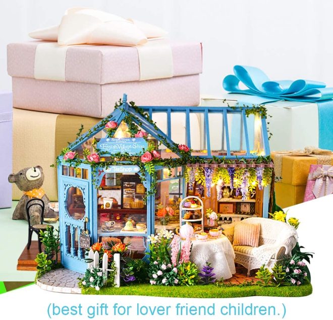 Dollhouse Miniature with Furniture Kit Plus Dust Proof and Music Movement – Rosa Garden Tea