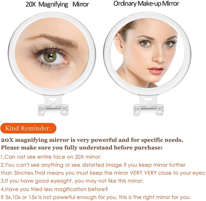 20X Magnifying Hand Mirror Two Sided Use for Makeup Application, Tweezing, and Blackhead/Blemish Removal – 15 cm