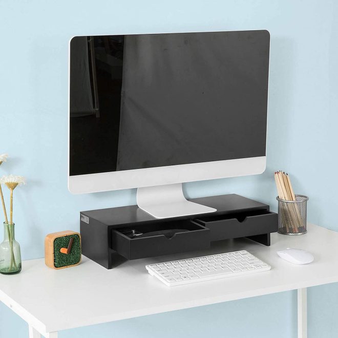 Black Monitor Stand Desk Organizer with 2 Drawers