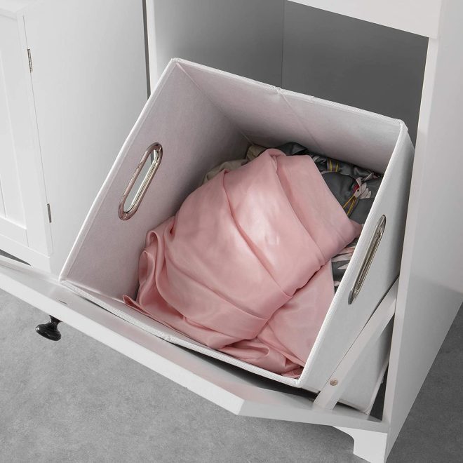 White Bathroom Cabinet with Laundry Basket and Drawer