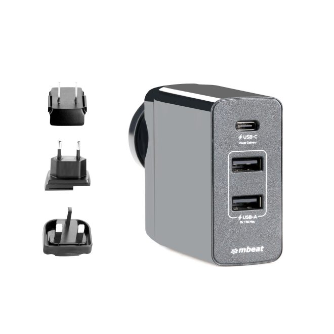 mbeat Gorilla Power 3-Port USB-C Power Delivery (PD) World Travel Charger (USB-C x 1, USB-A x 2) with Interchangeable Plugs