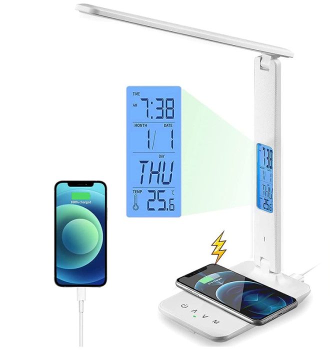 LED Desk Lamp with Fast Wireless Charger Clock Alarm Date Temperature