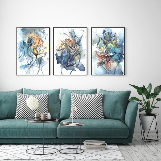 Watercolor Style Abstract Flower 3 Sets Black Frame Canvas Wall Art – 40×60 cm