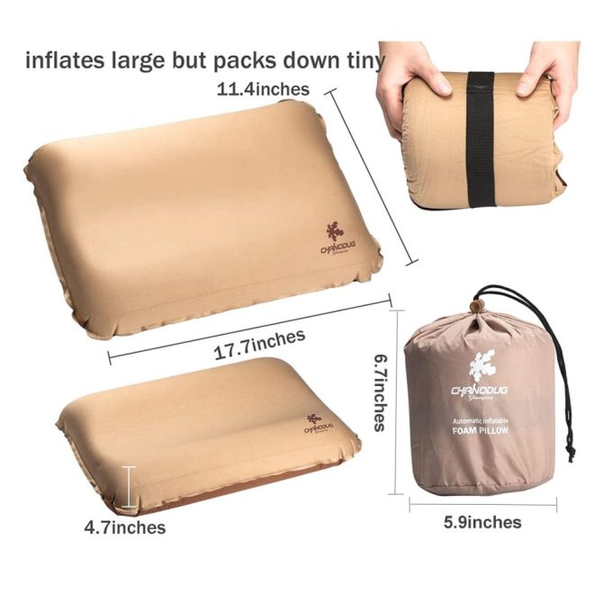 Self Inflating Camping Pillow with Ergonomic Support – Gold