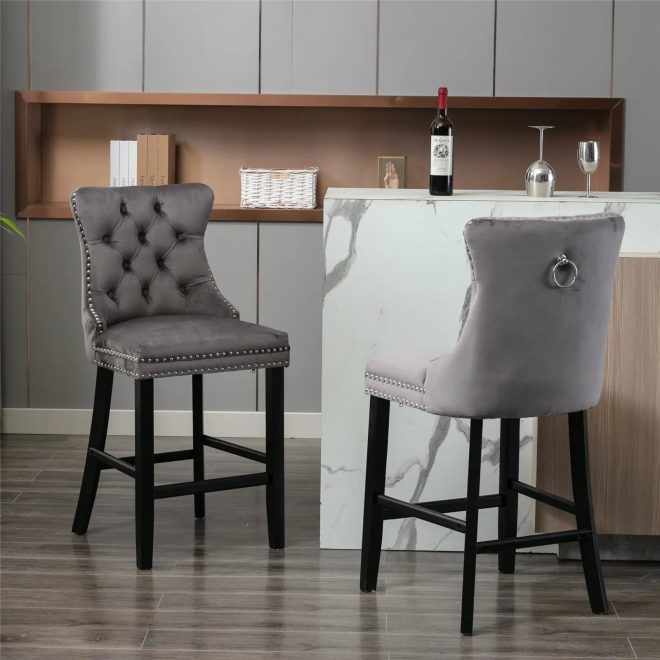 2X Velvet Bar Stools with Studs Trim Wooden Legs Tufted Dining Chairs Kitchen – Grey