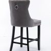 2X Velvet Bar Stools with Studs Trim Wooden Legs Tufted Dining Chairs Kitchen – Grey