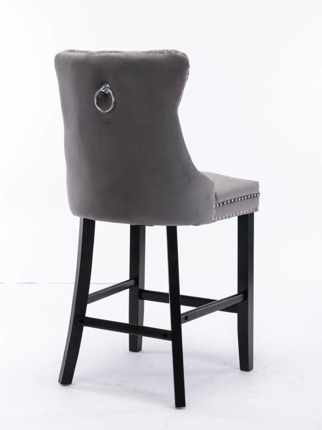 2X Velvet Bar Stools with Studs Trim Wooden Legs Tufted Dining Chairs Kitchen – Grey